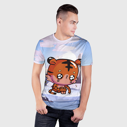 Мужская спорт-футболка Грустный тигр на зимнем фоне / 3D-принт – фото 3