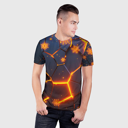 Мужская спорт-футболка НОВОГОДНИЕ ОГНЕННЫЕ 3D ПЛИТЫ FIRE NEON HEXAGON / 3D-принт – фото 3
