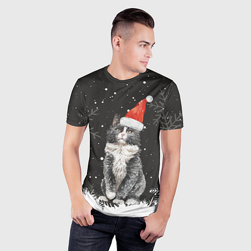 Мужская спорт-футболка Новогодний Черный кот в кружке / 3D-принт – фото 3