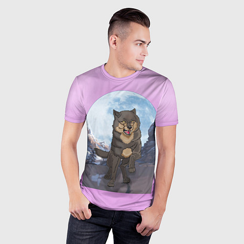 Мужская спорт-футболка Волк оборотень в полнолуние, лиловое небо / 3D-принт – фото 3