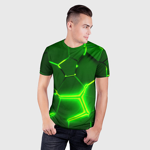 Мужская спорт-футболка 3D ПЛИТЫ НЕОН NEON GREEN HEXAGON РАЗЛОМ / 3D-принт – фото 3