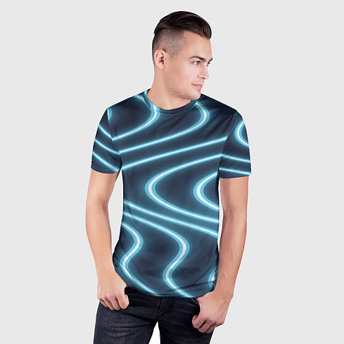 Мужская спорт-футболка Неоновый свет Волны голубые на темном фоне / 3D-принт – фото 3