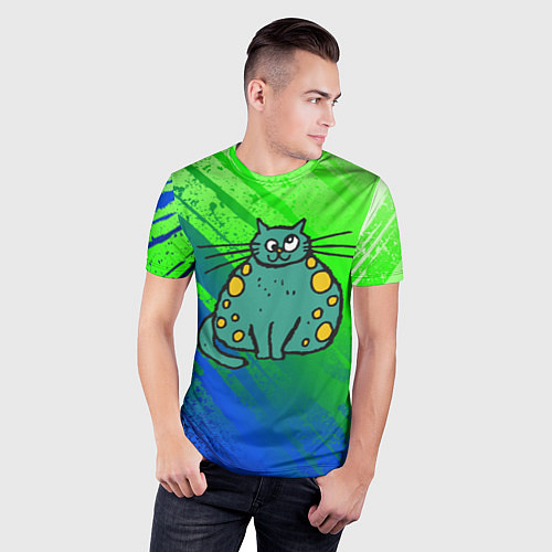 Мужская спорт-футболка Прикольный зеленый кот / 3D-принт – фото 3