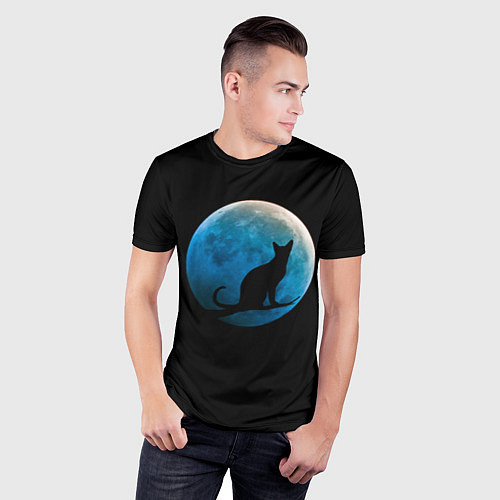 Мужская спорт-футболка Силуэт кота на фоне синей луны / 3D-принт – фото 3