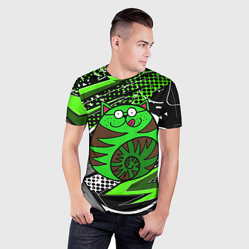 Мужская спорт-футболка Зеленый круглый кот / 3D-принт – фото 3