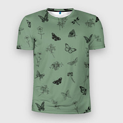 Мужская спорт-футболка Цветочки и бабочки на зеленом фоне