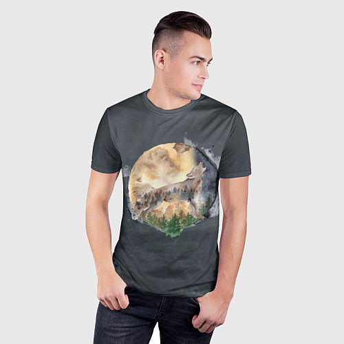 Мужская спорт-футболка Волк на фоне луны / 3D-принт – фото 3