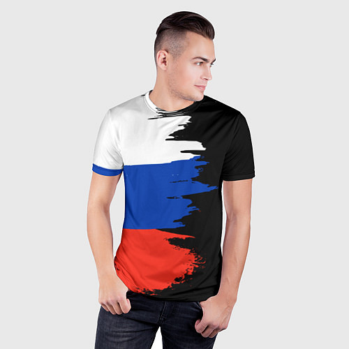Мужская спорт-футболка Российский триколор на темном фоне / 3D-принт – фото 3