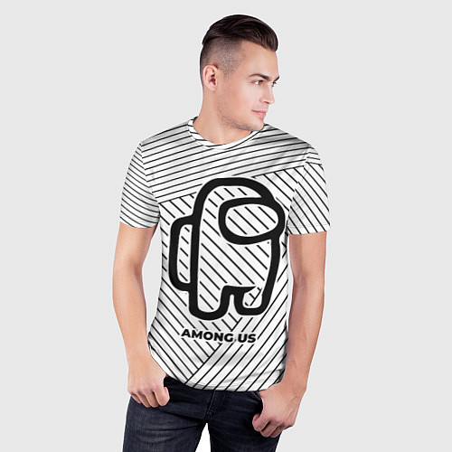 Мужская спорт-футболка Символ Among Us на светлом фоне с полосами / 3D-принт – фото 3