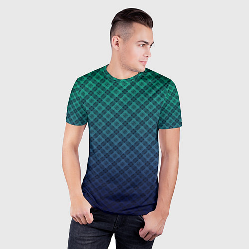 Мужская спорт-футболка Клетчатый узор на сине-зеленом градиентном фоне / 3D-принт – фото 3