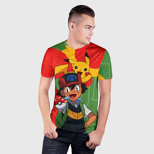 Мужская спорт-футболка Эш Кетчум на ярком фоне / 3D-принт – фото 3