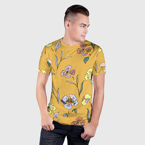 Мужская спорт-футболка Цветы Нарисованные На Золотом Фоне / 3D-принт – фото 3