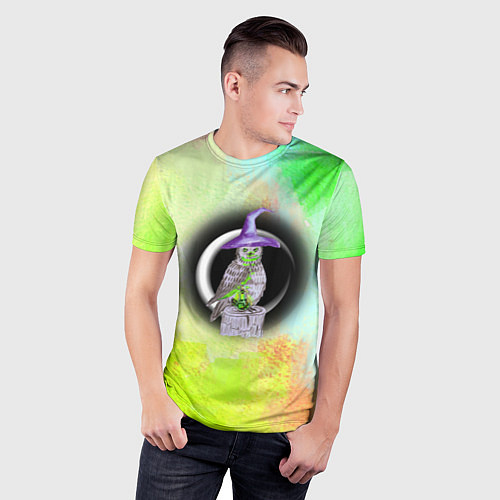 Мужская спорт-футболка Сова-ведьма на зелено-желтом фоне / 3D-принт – фото 3