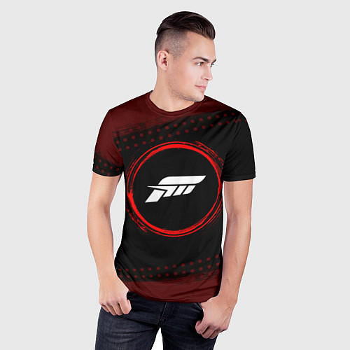 Мужская спорт-футболка Символ Forza Horizon и краска вокруг на темном фон / 3D-принт – фото 3