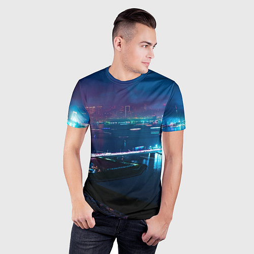 Мужская спорт-футболка Неоновый город и мост - Синий / 3D-принт – фото 3