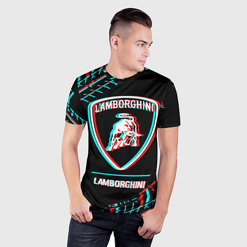 Мужская спорт-футболка Значок Lamborghini в стиле Glitch на темном фоне / 3D-принт – фото 3