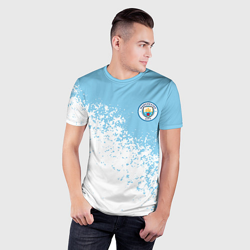 Мужская спорт-футболка Manchester city белые брызги на голубом фоне / 3D-принт – фото 3