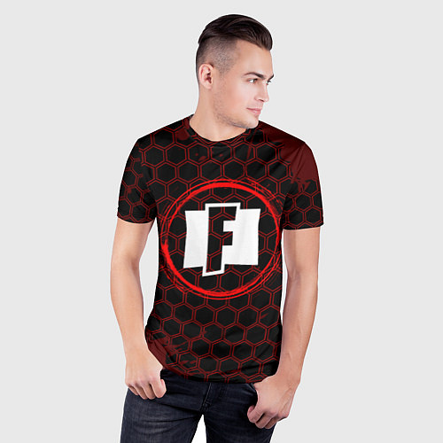 Мужская спорт-футболка Символ Fortnite и краска вокруг на темном фоне / 3D-принт – фото 3
