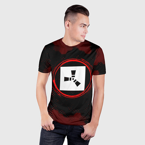 Мужская спорт-футболка Символ Rust и краска вокруг на темном фоне / 3D-принт – фото 3