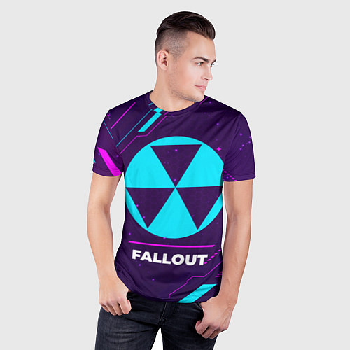 Мужская спорт-футболка Символ Fallout в неоновых цветах на темном фоне / 3D-принт – фото 3