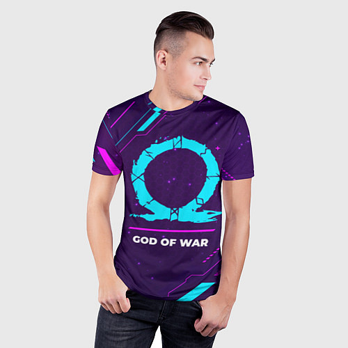 Мужская спорт-футболка Символ God of War в неоновых цветах на темном фоне / 3D-принт – фото 3