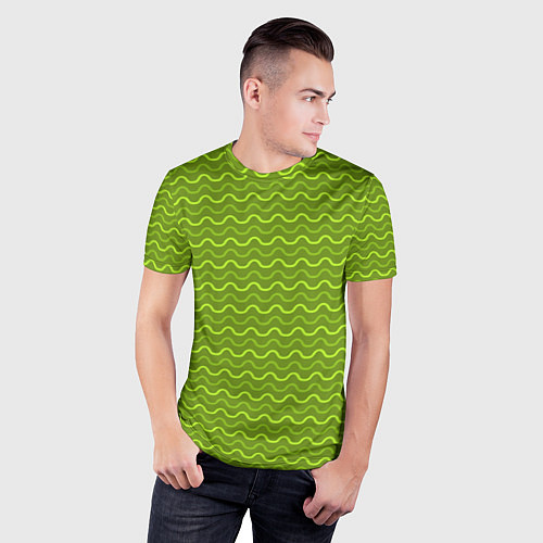 Мужская спорт-футболка Зеленые светлые и темные волнистые полосы / 3D-принт – фото 3