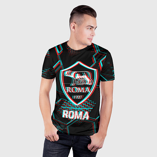 Мужская спорт-футболка Roma FC в стиле Glitch на темном фоне / 3D-принт – фото 3