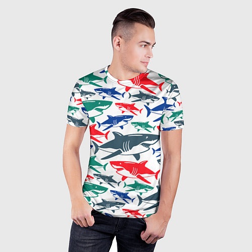 Мужская спорт-футболка Стая разноцветных акул - паттерн / 3D-принт – фото 3