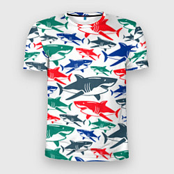 Футболка спортивная мужская Стая разноцветных акул - паттерн, цвет: 3D-принт