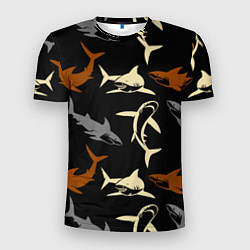 Мужская спорт-футболка Стая акул - паттерн - ночной океан