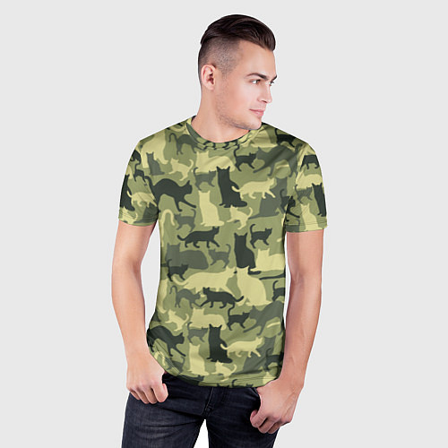 Мужская спорт-футболка Кошачий камуфляж в зеленой гамме / 3D-принт – фото 3