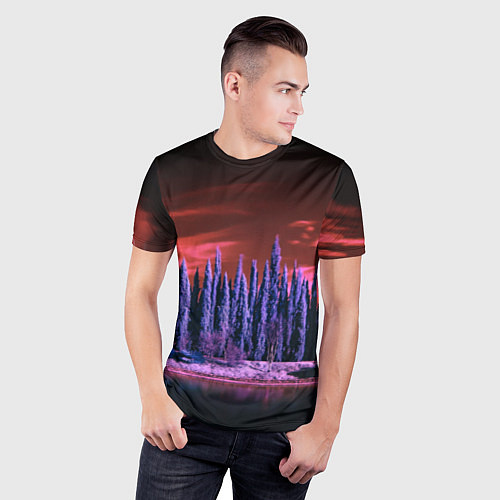 Мужская спорт-футболка Абстрактный фиолетовый лес и тёмная река / 3D-принт – фото 3