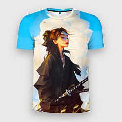 Футболка спортивная мужская Девушка самурай и облака, цвет: 3D-принт