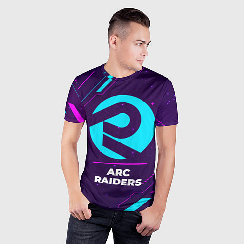 Мужская спорт-футболка Символ ARC Raiders в неоновых цветах на темном фон / 3D-принт – фото 3