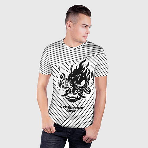 Мужская спорт-футболка Символ Cyberpunk 2077 на светлом фоне с полосами / 3D-принт – фото 3