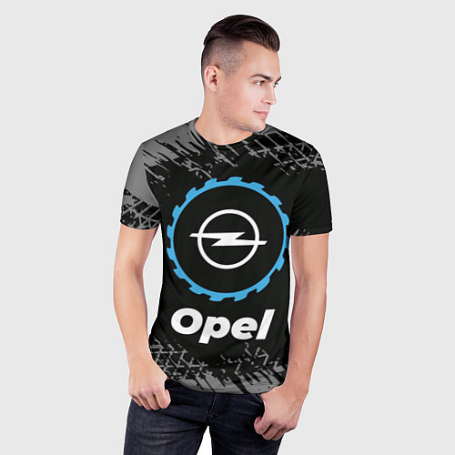 Мужская спорт-футболка Opel в стиле Top Gear со следами шин на фоне / 3D-принт – фото 3