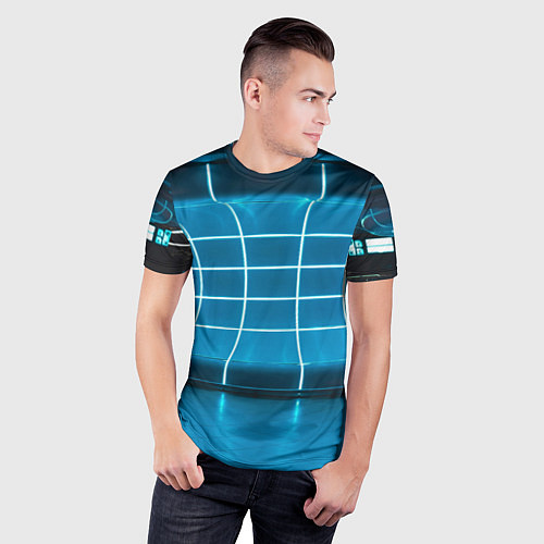 Мужская спорт-футболка Абстрактная панель неоновых голубых фонарей / 3D-принт – фото 3