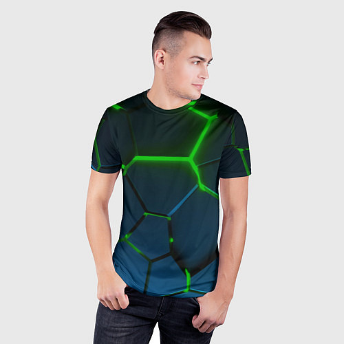 Мужская спорт-футболка Разлом зеленых неоновых плит - геометрия / 3D-принт – фото 3