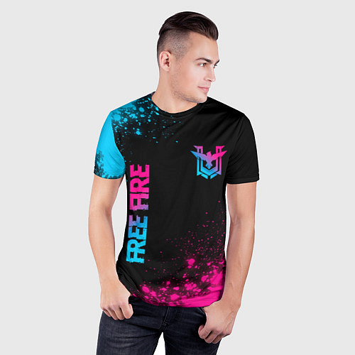 Мужская спорт-футболка Free Fire - neon gradient: символ и надпись вертик / 3D-принт – фото 3