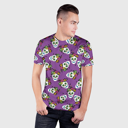 Мужская спорт-футболка Сахарные черепа на фиолетовом паттерн / 3D-принт – фото 3