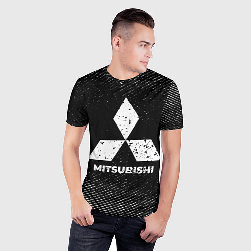 Мужская спорт-футболка Mitsubishi с потертостями на темном фоне / 3D-принт – фото 3