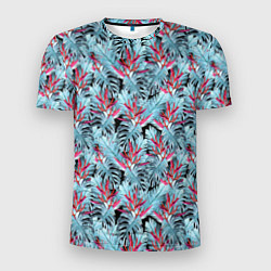 Мужская спорт-футболка Голубые тропические листья и цветы