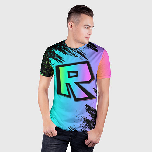 Мужская спорт-футболка Roblox neon logo / 3D-принт – фото 3