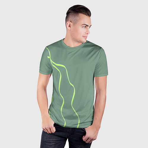 Мужская спорт-футболка Абстрактные зеленые линии на фоне цвета хаки / 3D-принт – фото 3