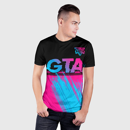 Мужская спорт-футболка GTA - neon gradient: символ сверху / 3D-принт – фото 3
