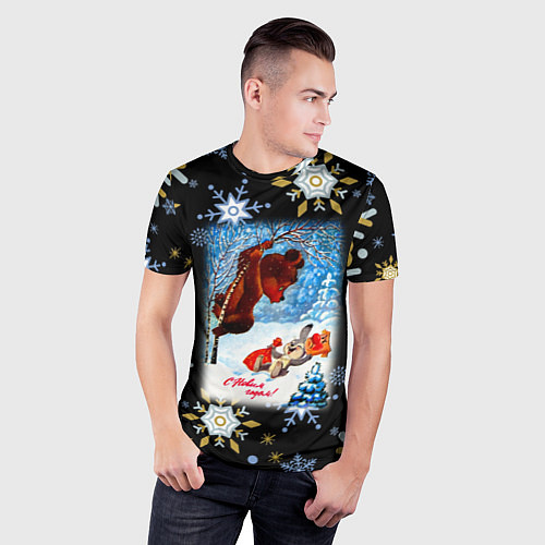 Мужская спорт-футболка Новый год зайчик напугал мишку / 3D-принт – фото 3