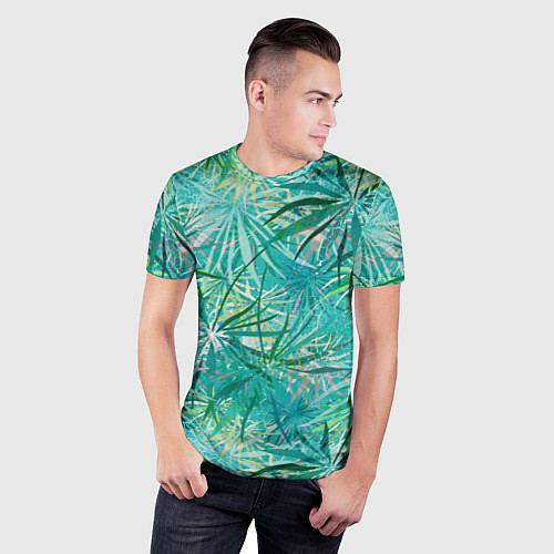 Мужская спорт-футболка Тропические листья на зеленом фоне / 3D-принт – фото 3