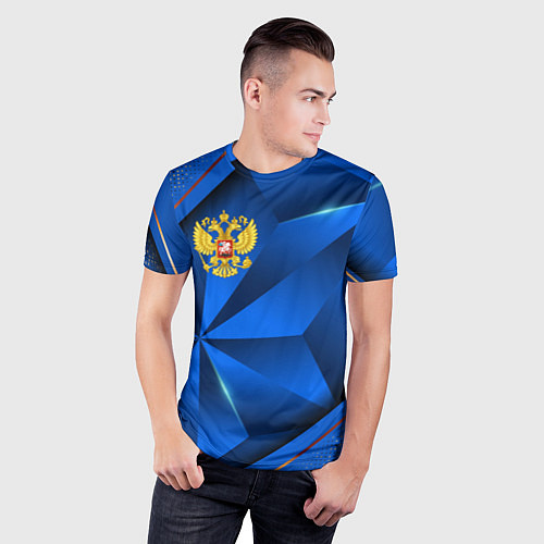 Мужская спорт-футболка Герб РФ на синем объемном фоне / 3D-принт – фото 3