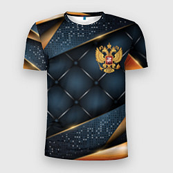 Мужская спорт-футболка Золотой герб России на объемном фоне