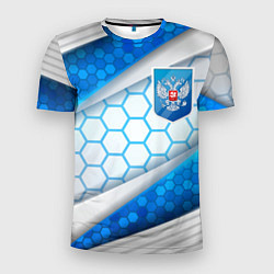 Мужская спорт-футболка Синий герб России на объемном фоне
